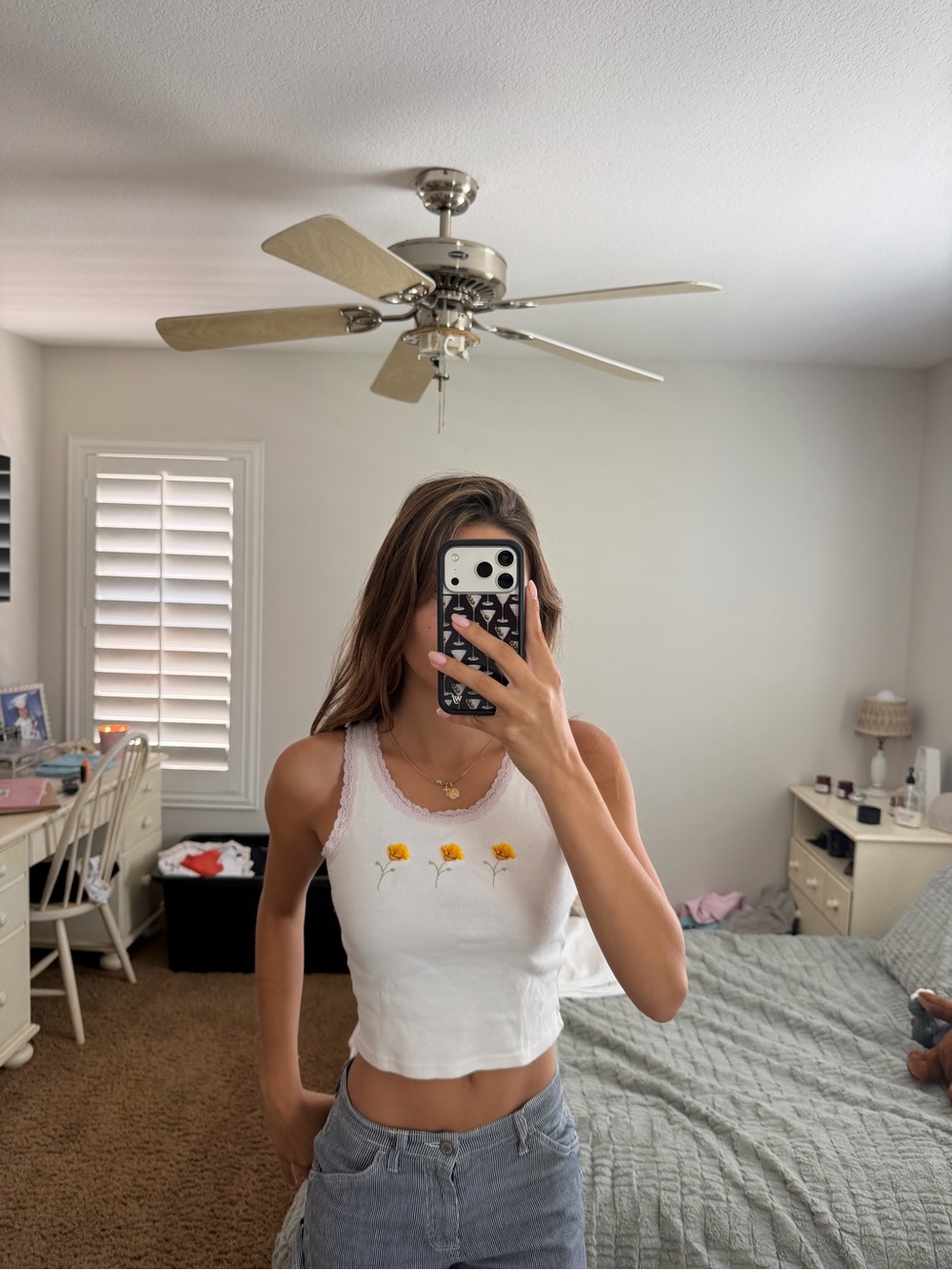 Brandy Melville White Ribbed Crop Tank with Yellow Flower Embroidery
